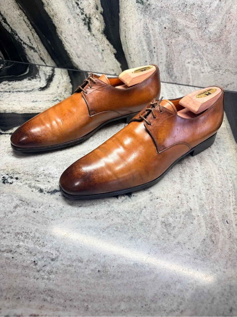 Santoni Goodyear Brown Cognac Leather Derby Shoes UK 8.5 US 9.5 Italy